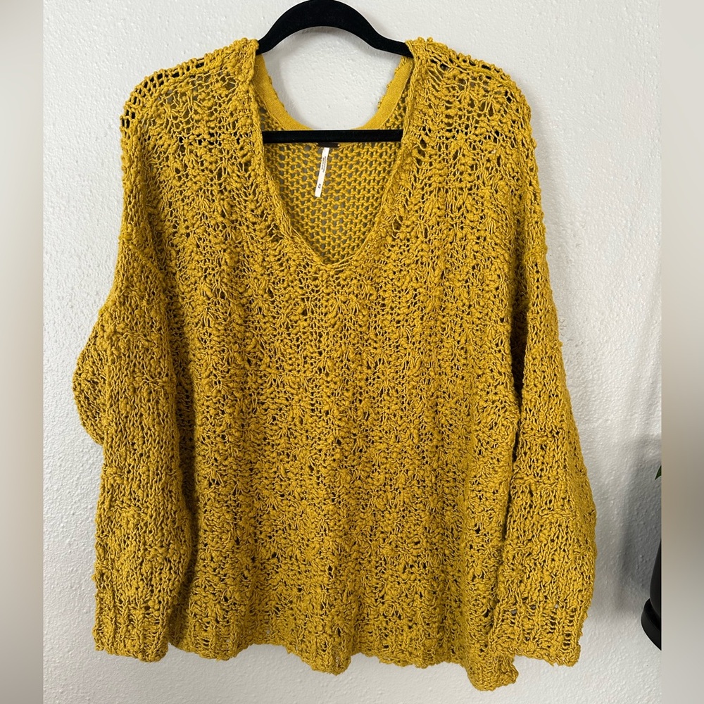 Free People Sunday Shore Pullover Knit V-neck Sweater Mustard Yellow Medium